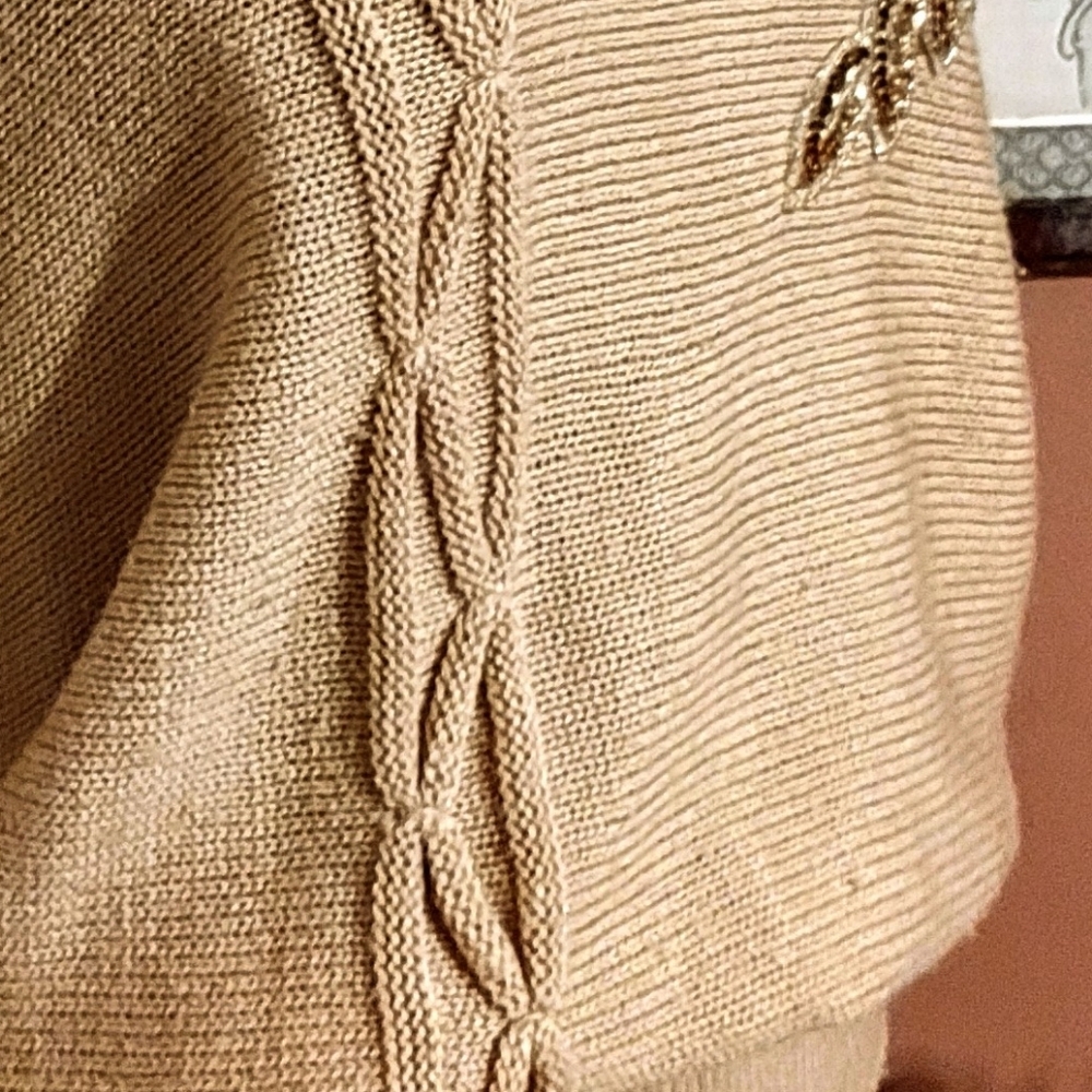 🔸🤎🔸Amazing Vtg 80's Mocha Caramel Tan Dolman Cable Knit Sequin Sweater - M/L - Picture 13 of 15